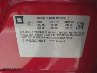 2012 Chevrolet Cruze LT w/1LT with VIN 1G1PF5SC0C7138806, listed as a IAAI auction lot 42013670 with 165,944 mi miles. Bid and sale history available at carsss.com. Image 9.