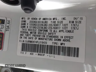 2015 Honda CR-V EX-L with VIN 5J6RM3H74FL016430, listed as a IAAI auction lot 42147267 with 117,656 mi miles and . Bid and sale history available at carsss.com. Image 9.