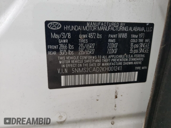 2019 Hyundai Santa Fe SE with VIN 5NMS2CAD2KH001241, listed as a Copart auction lot 58469295 with 111,853 mi miles and Salvage title. Bid and sale history available at DreamBid. Image 13.
