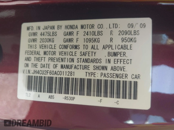 2010 Acura TSX z VIN JH4CU2F60AC011281, wystawiony jako IAAI lot #42148547 z przebiegiem 122 761 mil mil oraz . Historia ofert i sprzedaży dostępna na DreamBid. Obrazek 9.