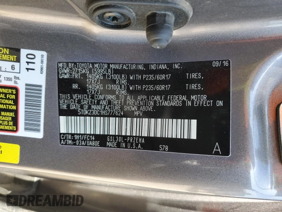 2017 Toyota Sienna LE Auto Access Seat with VIN 5TDKZ3DC1HS777624, listed as a Copart auction lot 50633175 with 139,852 mi miles and Salvage Title. Bid and sale history available at DreamBid. Image 13.