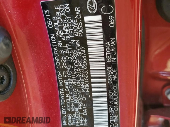 2013 Lexus ES 250 with VIN JTHBK1GG3D2064747, listed as a Copart auction lot 43606705 with 101,166 mi miles and Salvage Title. Bid and sale history available at DreamBid. Image 12.