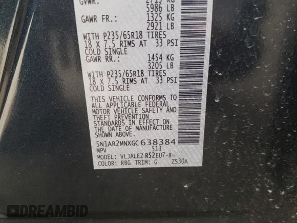 2016 Nissan Pathfinder SV with VIN 5N1AR2MNXGC638384, listed as a Copart auction lot 52131125 with 113,637 mi miles and Salvage Title. Bid and sale history available at carsss.com. Image 15.