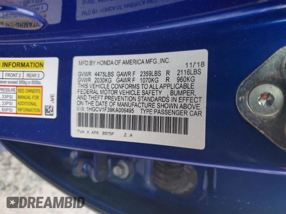 2019 Honda Accord Sport with VIN 1HGCV1F39KA006495, listed as a Copart auction lot 44598025 with 172,853 mi miles and Salvage Title. Bid and sale history available at DreamBid. Image 15.