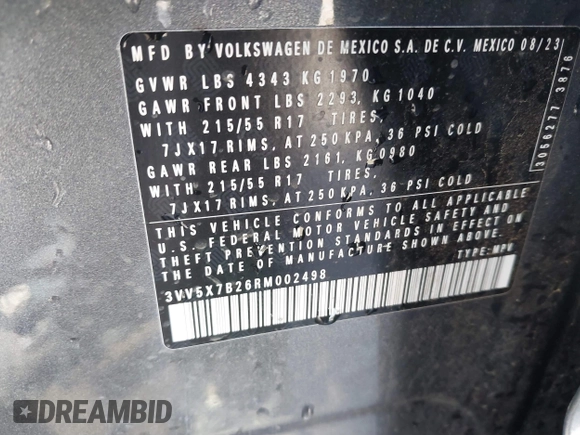 2024 Volkswagen Taos S с VIN 3VV5X7B26RM002498, выставлен на аукционе IAAI как лот 41871172 с пробегом 28 345 миль миль и . История ставок и продаж доступна на DreamBid. Изображение 9.
