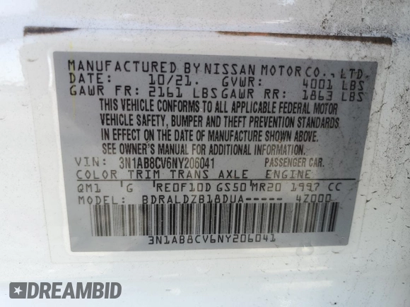 2022 Nissan Sentra SV with VIN 3N1AB8CV6NY206041, listed as a Copart auction lot 49298975 with 55,482 mi miles and Salvage Title. Bid and sale history available at carsss.com. Image 13.