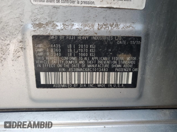 2012 Subaru Legacy Premium with VIN 4S3BMAC68C1013483, listed as a Copart auction lot 55969925 with 148,321 mi miles and Salvage title. Bid and sale history available at DreamBid. Image 13.