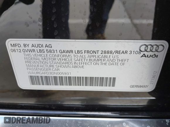 2013 Audi A8 3.0L with VIN WAURGAFD3DN005931, listed as a IAAI auction lot 42461062 with 113,899 mi miles and . Bid and sale history available at DreamBid. Image 9.