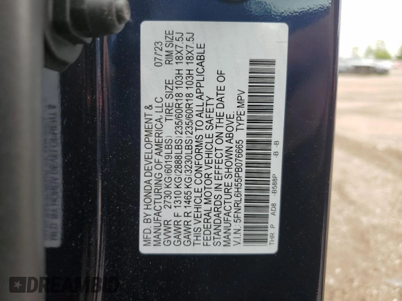 2023 Honda Odyssey EX with VIN 5FNRL6H55PB076665, listed as a Copart auction lot 57663235 with 19,346 mi miles and Salvage title. Bid and sale history available at DreamBid. Image 14.