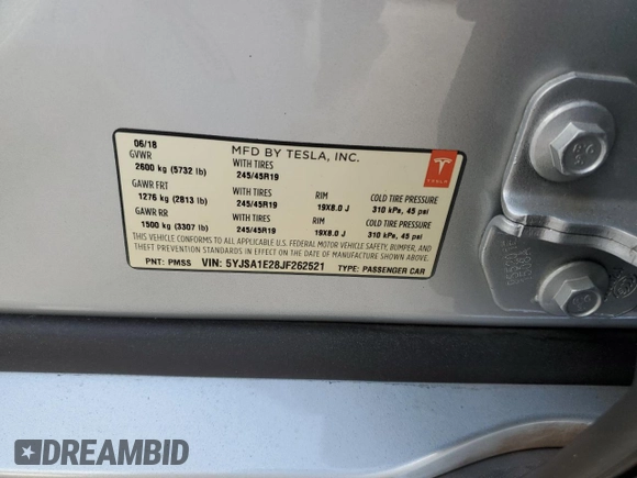 2018 Tesla Model S 75D with VIN 5YJSA1E28JF262521, listed as a Copart auction lot 43563035 with 48,377 mi miles and Salvage Title. Bid and sale history available at DreamBid. Image 12.