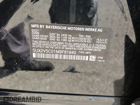 2021 BMW X4 M40i with VIN 5UX2V5C01M9F81840, listed as a Copart auction lot 56868653 with 0 mi miles. Bid and sale history available at carsss.com. Image 14.
