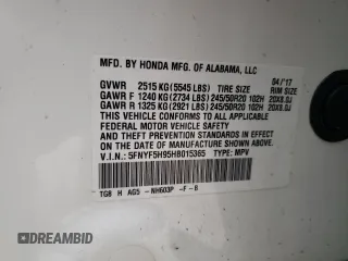 2017 Honda Pilot Touring with VIN 5FNYF5H95HB015365, listed as a Copart auction lot 52371205 with 153,141 mi miles and Salvage title. Bid and sale history available at DreamBid. Image 14.