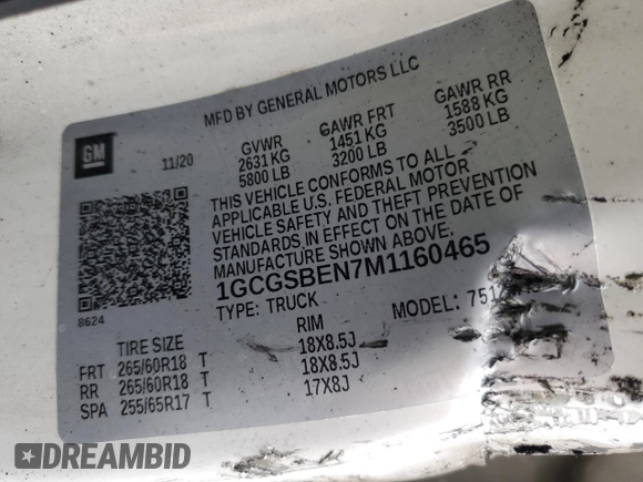 2021 Chevrolet Colorado 2WD Work Truck with VIN 1GCGSBEN7M1160465, listed as a Copart auction lot 59361325 with Not provided miles and Salvage title. Bid and sale history available at DreamBid. Image 12.