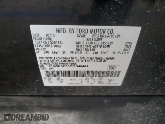 2016 Ford Explorer XLT with VIN 1FM5K8D80GGB40481, listed as a Copart auction lot 52311065 with 149,365 mi miles and Salvage Title. Bid and sale history available at DreamBid. Image 13.