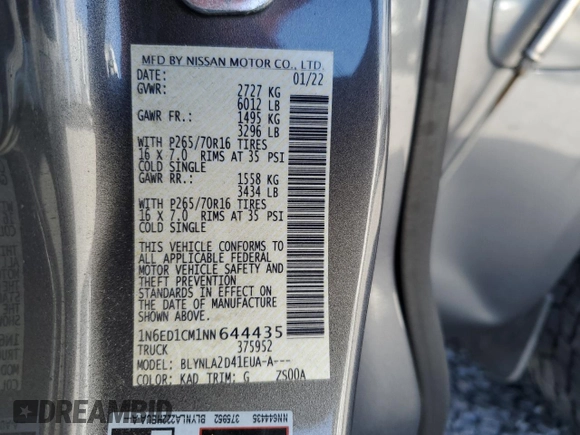 2022 Nissan Frontier S with VIN 1N6ED1CM1NN644435, listed as a Copart auction lot 46060715 with 28,780 mi miles and Salvage title. Bid and sale history available at DreamBid. Image 15.
