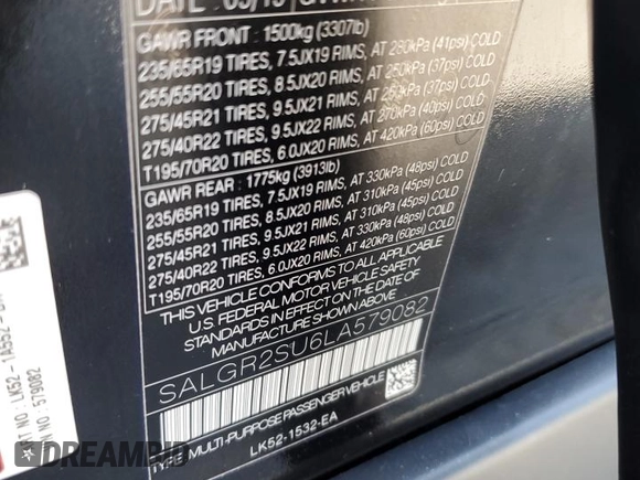 2020 Land Rover Range Rover with VIN SALGR2SU6LA579082, listed as a Copart auction lot 52079405 with 75,713 mi miles and Clean title. Bid and sale history available at DreamBid. Image 13.