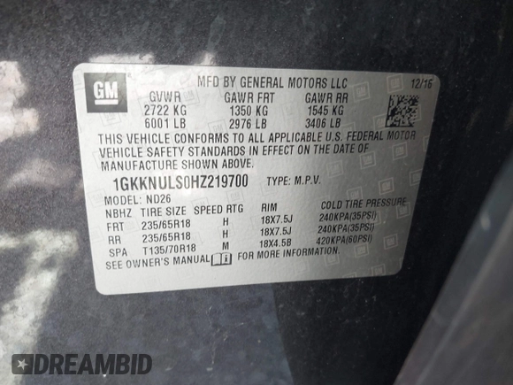 2017 GMC Acadia SLT with VIN 1GKKNULS0HZ219700, listed as a IAAI auction lot 41907572 with 102,915 mi miles. Bid and sale history available at carsss.com. Image 9.
