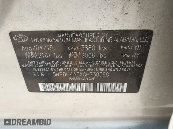 2016 Hyundai Elantra SE with VIN 5NPDH4AEXGH738588, listed as a IAAI auction lot 42472753 with 134,187 mi miles and . Bid and sale history available at DreamBid. Image 9.