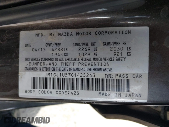 2016 Mazda 6 i Sport with VIN JM1GJ1U57G1425243, listed as a IAAI auction lot 41901771 with 135,155 mi miles and . Bid and sale history available at DreamBid. Image 9.