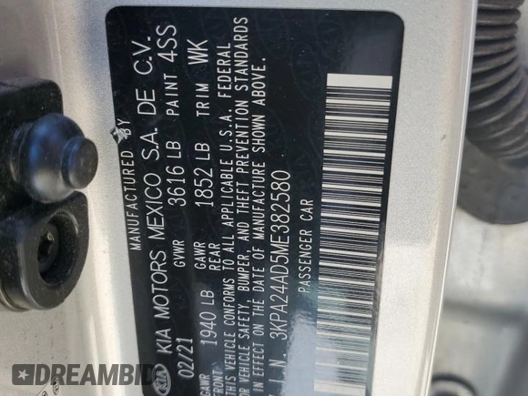 2021 Kia Rio S with VIN 3KPA24AD5ME382580, listed as a Copart auction lot 56931054 with 63,445 mi miles and Salvage Title. Bid and sale history available at DreamBid. Image 15.