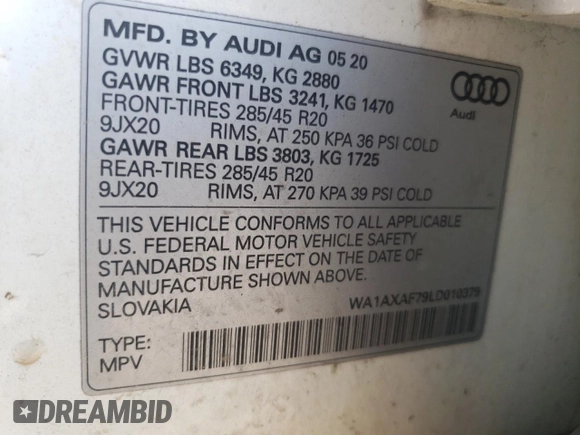 2020 Audi Q7 Premium with VIN WA1AXAF79LD010379, listed as a Copart auction lot 64861994 with 74,167 mi miles and Salvage Title. Bid and sale history available at carsss.com. Image 15.