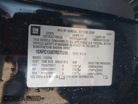 2007 Chevrolet Tahoe LT with VIN 1GNFC13087R373206, listed as a IAAI auction lot 42648412 with 200,670 mi miles and . Bid and sale history available at DreamBid. Image 9.