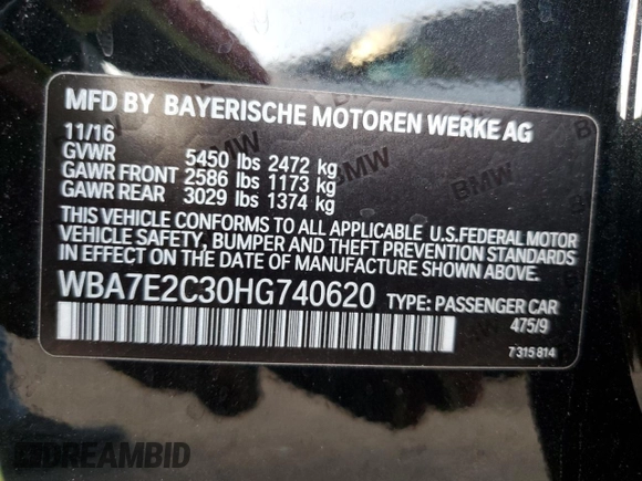 2017 BMW 7 Series 740i with VIN WBA7E2C30HG740620, listed as a Copart auction lot 85750464 with 116,850 mi miles and Salvage Title. Bid and sale history available at carsss.com. Image 12.