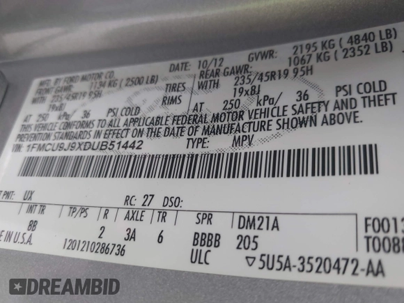 2013 Ford Escape Titanium with VIN 1FMCU9J9XDUB51442, listed as a IAAI auction lot 42640022 with 105,540 mi miles and . Bid and sale history available at DreamBid. Image 9.