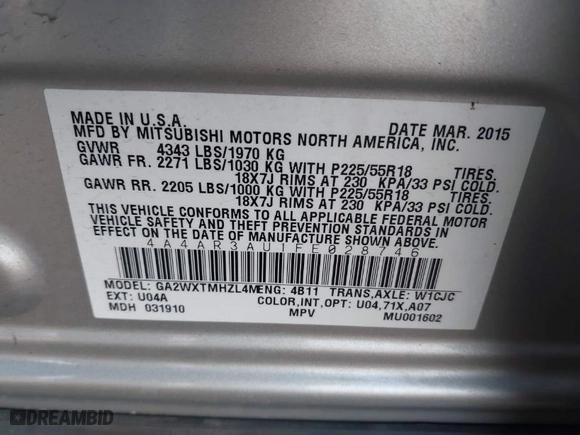 2015 Mitsubishi Outlander Sport ES with VIN 4A4AR3AU1FE028746, listed as a IAAI auction lot 41628263 with 133,367 mi miles. Bid and sale history available at carsss.com. Image 9.