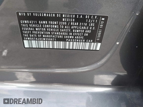 2012 Volkswagen Jetta SE с VIN 3VWDX7AJXCM358671, выставлен на аукционе IAAI как лот 41647447 с пробегом 105 722 миль миль и . История ставок и продаж доступна на DreamBid. Изображение 9.