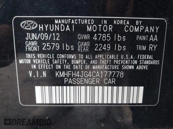 2012 Hyundai Azera with VIN KMHFH4JG4CA177778, listed as a IAAI auction lot 42172911 with 154,680 mi miles and . Bid and sale history available at carsss.com. Image 9.