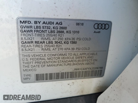 2018 Audi SQ5 Prestige with VIN WA1C4AFYXJ2206768, listed as a Copart auction lot 47340454 with 119,740 mi miles and . Bid and sale history available at DreamBid. Image 12.