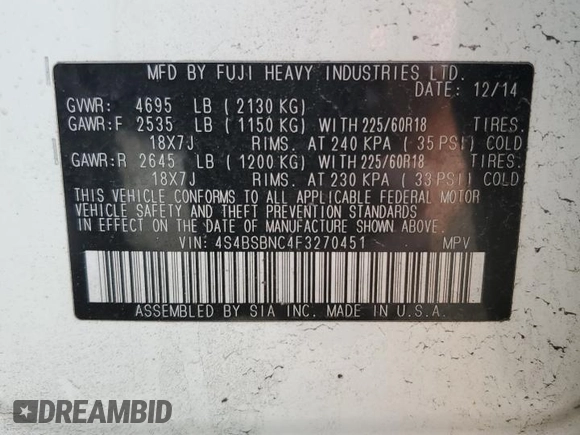 2015 Subaru Outback Limited with VIN 4S4BSBNC4F3270451, listed as a Copart auction lot 50863055 with 139,983 mi miles and Salvage Title. Bid and sale history available at DreamBid. Image 13.
