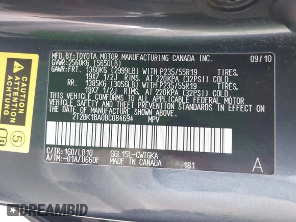 2011 Lexus RX 350 with VIN 2T2BK1BA0BC084694, listed as a IAAI auction lot 41906958 with 122,024 mi miles and . Bid and sale history available at DreamBid. Image 9.