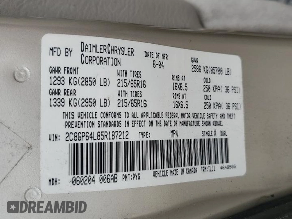 2005 Chrysler Town & Country Limited with VIN 2C8GP64L85R187212, listed as a Copart auction lot 53279095 with 112,233 mi miles and Salvage Title. Bid and sale history available at carsss.com. Image 13.