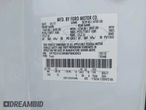 2011 Ford F-150 XL with VIN 1FTEX1CM0BFB83003, listed as a IAAI auction lot 42350229 with 216,007 mi miles and . Bid and sale history available at DreamBid. Image 9.