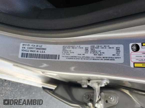 2022 Ram 1500 Big Horn z VIN 1C6SRFFT8NN259663, wystawiony jako Copart lot #55697895 z przebiegiem 63 395 mil mil oraz Czysty tytuł • Clean title. Historia ofert i sprzedaży dostępna na DreamBid. Obrazek 12.
