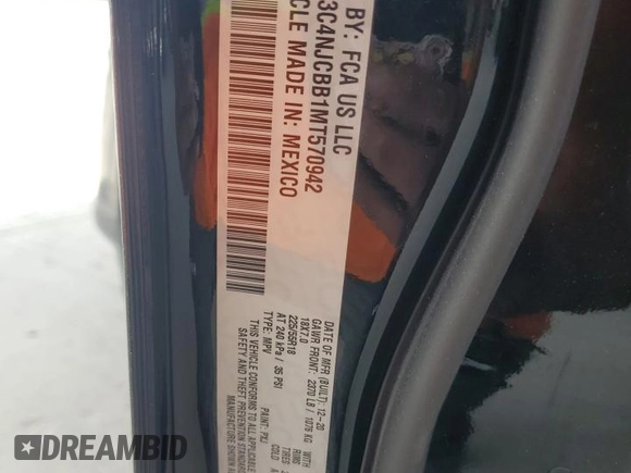 2021 Jeep Compass Latitude with VIN 3C4NJCBB1MT570942, listed as a Copart auction lot 55272855 with 17,307 mi miles and Salvage title. Bid and sale history available at DreamBid. Image 13.