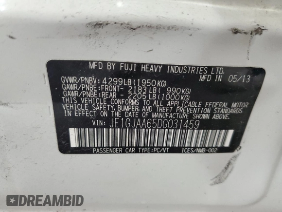 2013 Subaru Impreza с VIN JF1GJAA65DG031459, выставлен на аукционе Copart как лот 53262075 с пробегом 201 856 миль миль и Списание • Salvage title. История ставок и продаж доступна на DreamBid. Изображение 14.