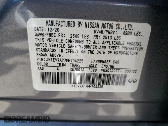 2021 Infiniti Q50 Pure with VIN JN1EV7AP7MM704225, listed as a Copart auction lot 47425665 with 25,441 mi miles and Salvage Title. Bid and sale history available at DreamBid. Image 12.
