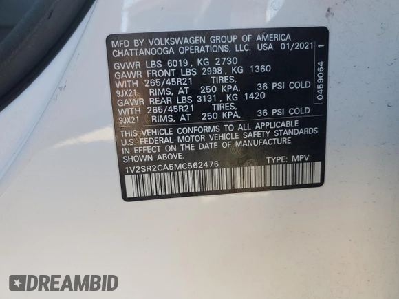 2021 Volkswagen Atlas SEL R-Line z VIN 1V2SR2CA5MC562476, wystawiony jako Copart lot #41862995 z przebiegiem 54 903 mil mil oraz Szkoda całkowita • Salvage title. Historia ofert i sprzedaży dostępna na DreamBid. Obrazek 15.