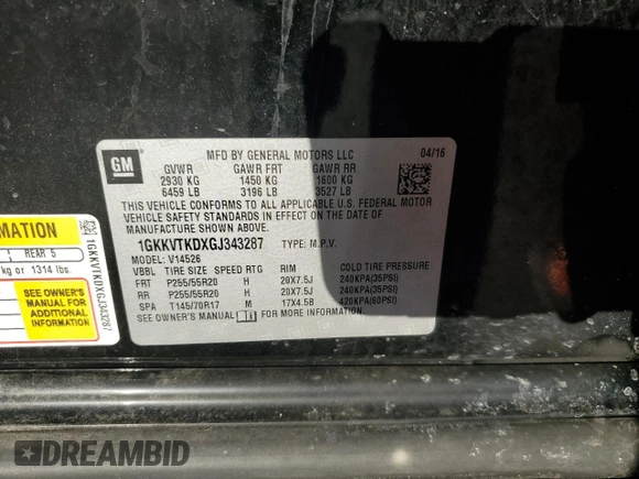 2016 GMC Acadia Denali z VIN 1GKKVTKDXGJ343287, wystawiony jako Copart lot #48908675 z przebiegiem 139 281 mil mil oraz Szkoda całkowita • Salvage title. Historia ofert i sprzedaży dostępna na DreamBid. Obrazek 13.
