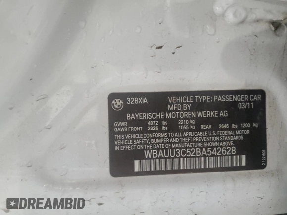2011 BMW 3 Series 328i xDrive with VIN WBAUU3C52BA542628, listed as a Copart auction lot 71337384 with Not Provided miles and Salvage Title. Bid and sale history available at DreamBid. Image 13.