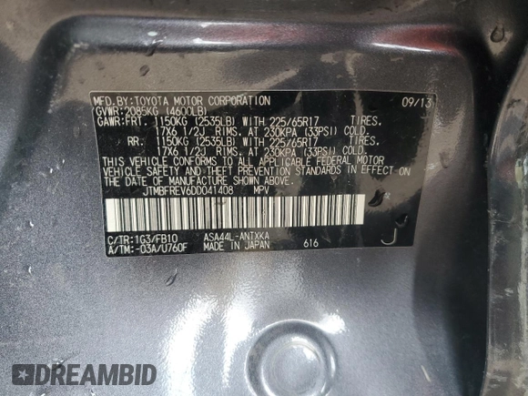 2013 Toyota RAV4 LE с VIN JTMBFREV6DD041408, выставлен на аукционе Copart как лот 54700675 с пробегом 128 110 миль миль и Списание • Salvage title. История ставок и продаж доступна на DreamBid. Изображение 13.