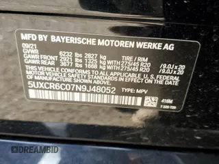 2022 BMW X5 xDrive40i with VIN 5UXCR6C07N9J48052, listed as a Copart auction lot 37326233 with 7,804 mi miles. Bid and sale history available at carsss.com. Image 12.