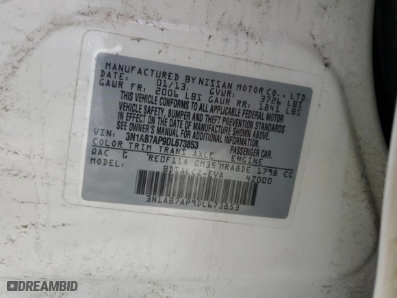 2013 Nissan Sentra SR with VIN 3N1AB7AP9DL673853, listed as a Copart auction lot 48659095 with 102,863 mi miles and Salvage Title. Bid and sale history available at carsss.com. Image 12.