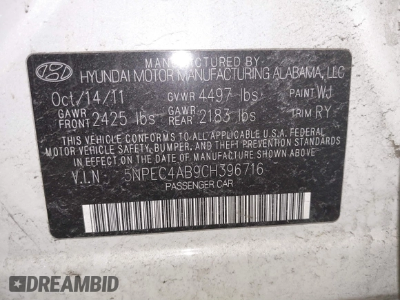 2012 Hyundai Sonata Limited with VIN 5NPEC4AB9CH396716, listed as a IAAI auction lot 41667839 with 115,821 mi miles and . Bid and sale history available at DreamBid. Image 9.