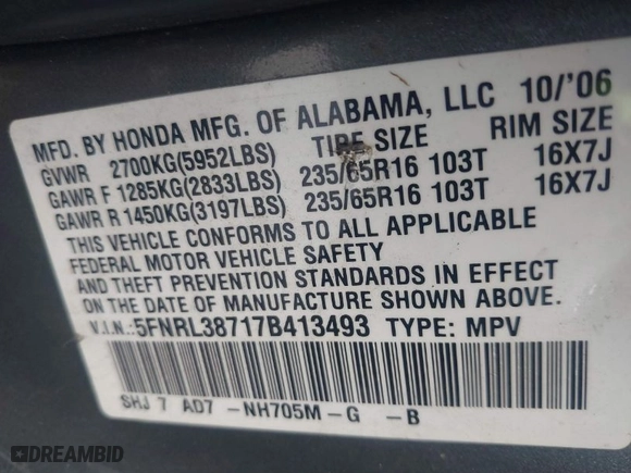 2007 Honda Odyssey EX-L with VIN 5FNRL38717B413493, listed as a IAAI auction lot 41805409 with 194897 miles. Bid and sale history available at carsss.com. Image 9.