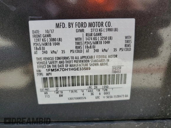 2017 Ford Explorer XLT with VIN 1FM5K7DH1HGE33589, listed as a Copart auction lot 52489785 with 84,577 mi miles and Salvage Title. Bid and sale history available at DreamBid. Image 15.