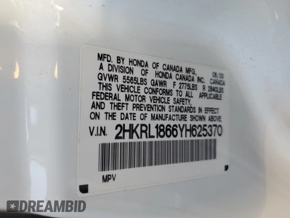 2000 Honda Odyssey EX with VIN 2HKRL1866YH625370, listed as a Copart auction lot 60981315 with 123,795 mi miles and Clean title. Bid and sale history available at DreamBid. Image 13.